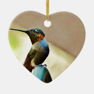 Ornement Cœur En Céramique Ruby perché et petit colibri vert