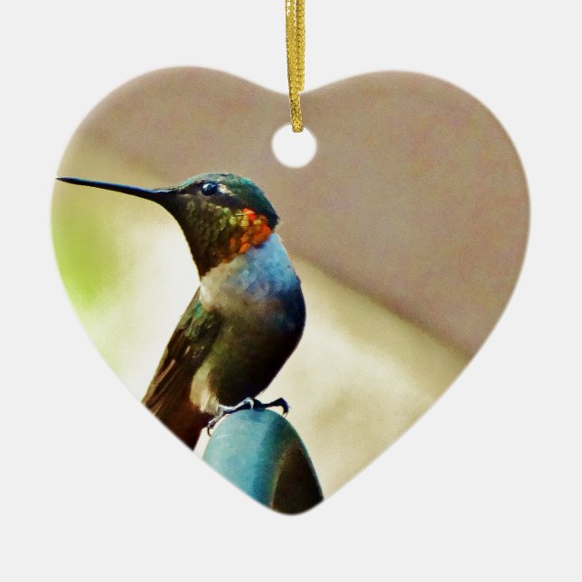 Ornement Cœur En Céramique Ruby perché et petit colibri vert (Devant)