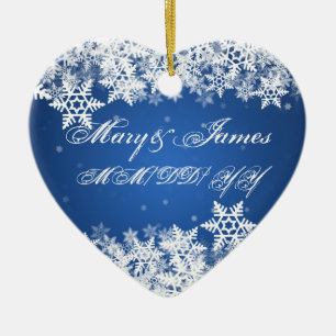 Ornement Cœur En Céramique Saphir bleu de faveur de mariage de flocons de