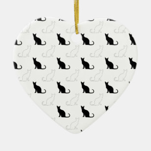 Ornement Cœur En Céramique Silhouettes de chats noirs et blancs