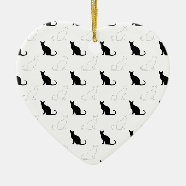 Ornement Cœur En Céramique Silhouettes de chats noirs et blancs (Devant)