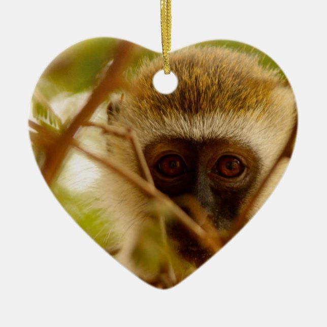 Ornement Cœur En Céramique Singe Cheeky. (Devant)