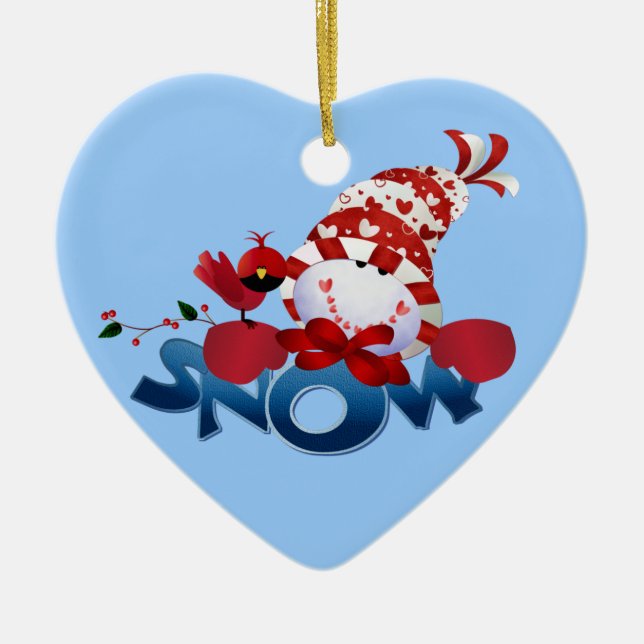Ornement Cœur En Céramique Snowman et le cardinal Keepsaké (Devant)