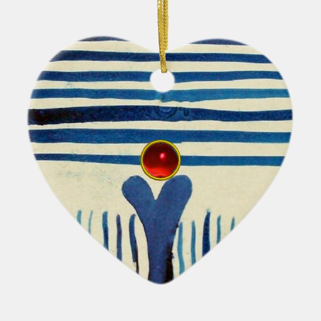 ORNEMENT CŒUR EN CÉRAMIQUE STRIPES BLEUS ET COEUR ROUGE RUBY (Devant)