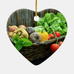 Ornement Cœur En Céramique Thanksgiving Vegetable Harvest en Basket