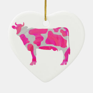 Ornement Cœur En Céramique Vache rose et blanc Silhouette