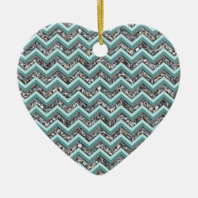 Ornement Cœur En Céramique Verre coupé foncé et Zigzag Turquoise (Devant)