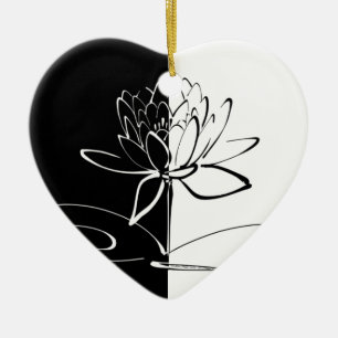 Ornement Cœur En Céramique Yin Yang Black White Lotus Blossom