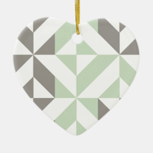 Ornement Cœur En Céramique ZigZag géométrique Sage Green et Silver