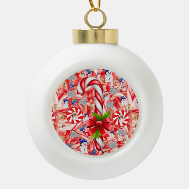 Ornement de bal en céramique de Noël, Sucre de can (Devant)