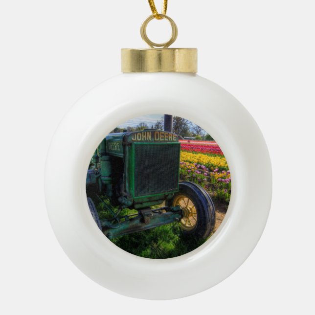 Ornement de bal en céramique Tractor et Tulips Vin (Devant)