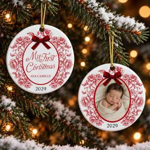 Ornement de Noël Bébé Fleur Toile Rouge Premier No