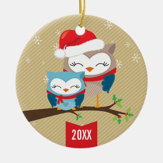 ORNEMENT DE NOËL :: couple de chouettes festives (Devant)