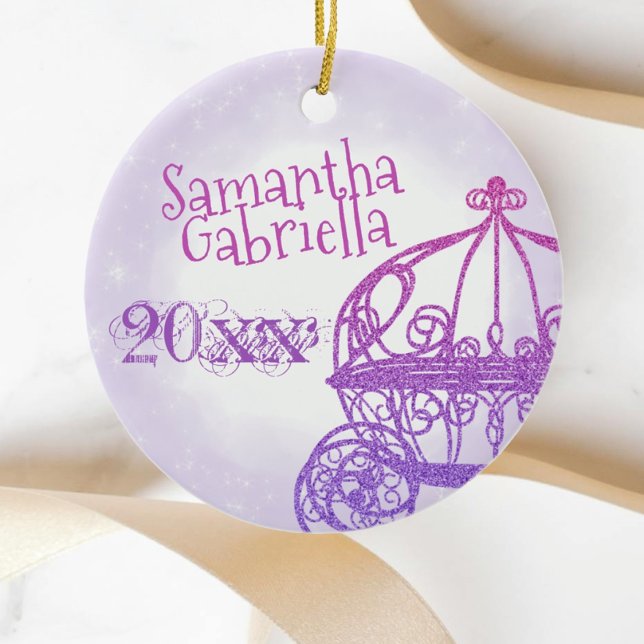 Ornement de Noël de Quinceanera rose pourpre (purple quinceanra christmas ornament quinceanera princess gift horse carriage cute personalized name)