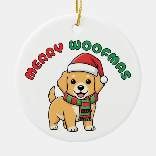 Ornement de Noël Golden Retriever : Joyeux Woofmas (Devant)