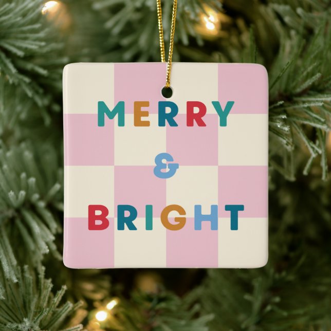 Ornement de Noël Joyeux & Lumineux à damier (Arbre)