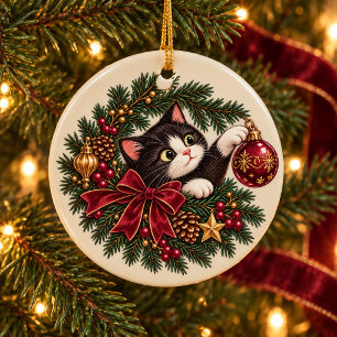 Ornement de Noël personnalisé de chat smoking vint