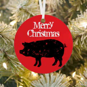 Ornement de Noël rond avec silhouette de cochon