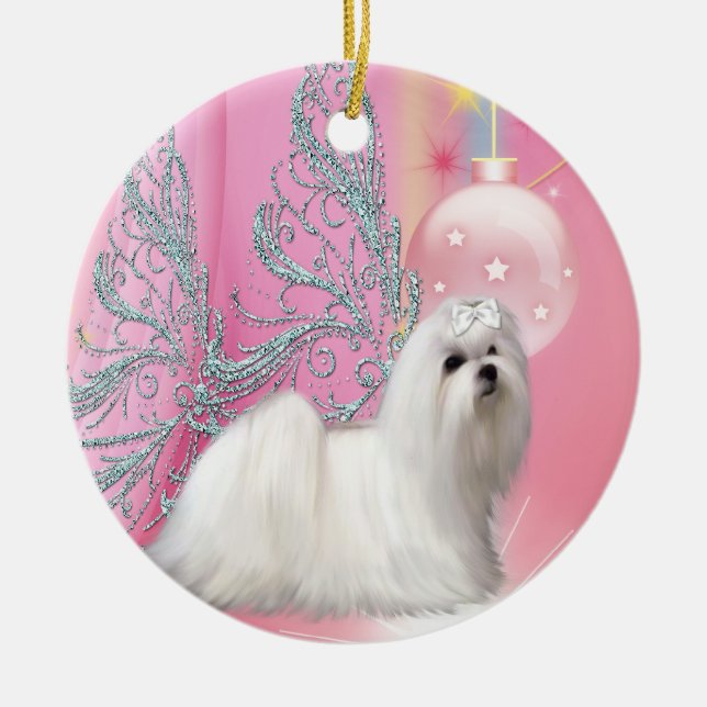 Ornement de Noël rose Chien Chien Maltais (Devant)