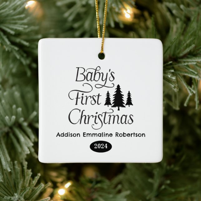 Ornement En Céramique 1er Noël du Bébé Noir Blanc Simple (Arbre)