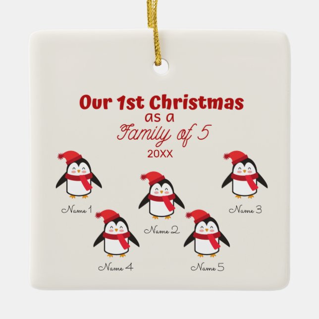 Ornement En Céramique 1er Noël en famille de 5 manchots (Devant)