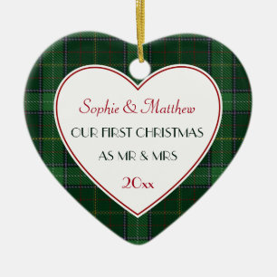 Ornement En Céramique 1er Noël Marié Green Plaid Coeur cadeau