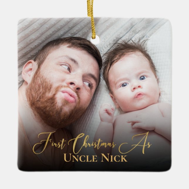 Ornement En Céramique 1er Noël Personnalisé Comme Oncle 2 Photo Gold Scr (Devant)