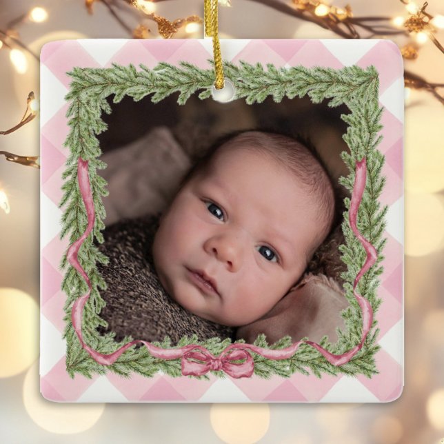 Ornement En Céramique 1er Noël rose en vichy photo (Créateur téléchargé)