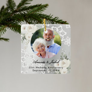 Ornement En Céramique 25e anniversaire du Mariage photo florales argent 
