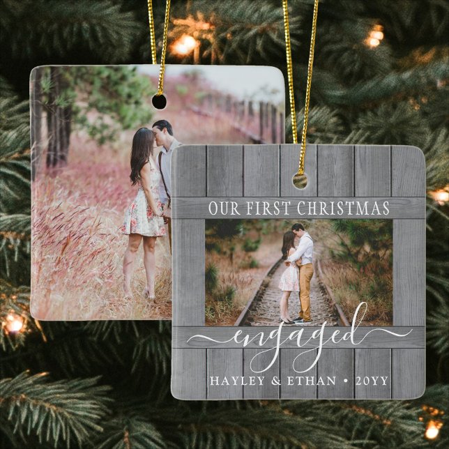 Ornement En Céramique 2 Photo Fiançailles First Christmas Faux Grey Wood (Créateur téléchargé)