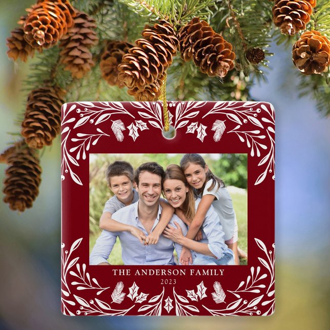 Ornement En Céramique 2 Photos Famille Végétation d'hiver Rouge Noël (Créateur téléchargé)