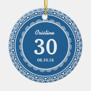Ornement En Céramique 30ème Bleu de souvenir d'anniversaire avec la