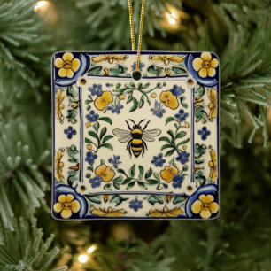 Ornement En Céramique Abeille Traditionnelle Bleue Jaune Méditerranéenne