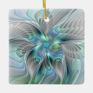Ornement En Céramique Abstrait Bleu Vert Papillon Imaginaire Fractal Art