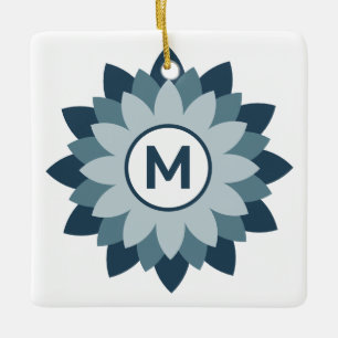 Ornement En Céramique Abstrait Médaillon Floral Géométrique Bleu Marine