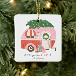 Ornement En Céramique Accueil pour les vacances Pink Camper Noël