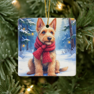 Ornement En Céramique Airedale Terrier aquarelle Noël enneigé