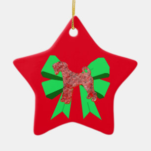 Ornement En Céramique Airedale Terrier Chien rouge et Bow vert Noël