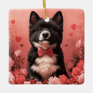 Ornement En Céramique Akita Américain avec Roses - Saint-Valentin