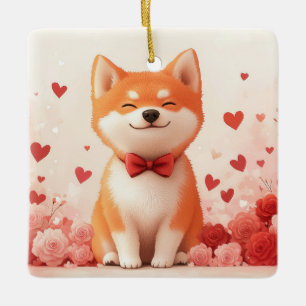 Ornement En Céramique Akita avec des Roses - Saint-Valentin
