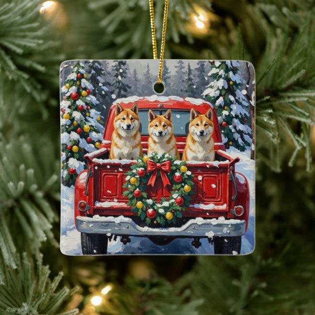 Ornement En Céramique Akita Christmas Red Truck Holiday (Arbre)
