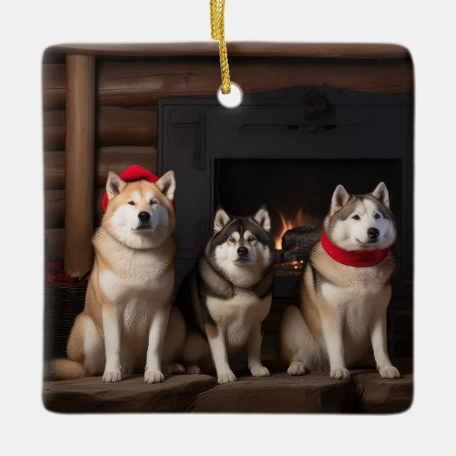 Ornement En Céramique Akita par le Noël de la cheminée (Devant)
