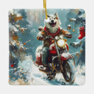 Ornement En Céramique Alaskan Malamute Dog équitation moto Noël