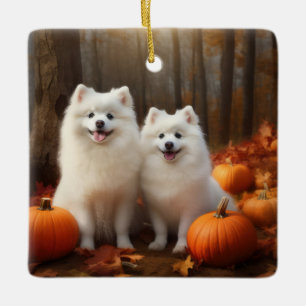 Ornement En Céramique American Eskimo Chiot Automne Citrouille délice