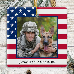 Ornement En Céramique American Flag Patriotique Noël Photo personnalisée