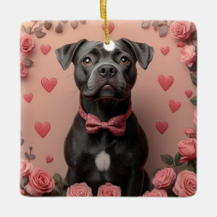 Ornement En Céramique American Staffordshire avec Roses - Saint-Valentin