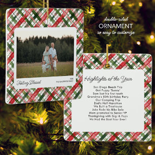 Ornement En Céramique Amusant Rouge Vert Plat Check Christmas Photo Cust