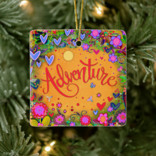 Ornement En Céramique Amusants Floral Aventure Colorful Coeurs Jolies