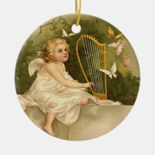 Ornement En Céramique Angel avec harpe et papillons