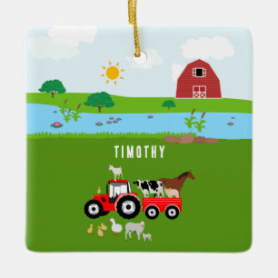 Ornement En Céramique Animaux de ferme et tracteur rouge Barnyard Nom pe